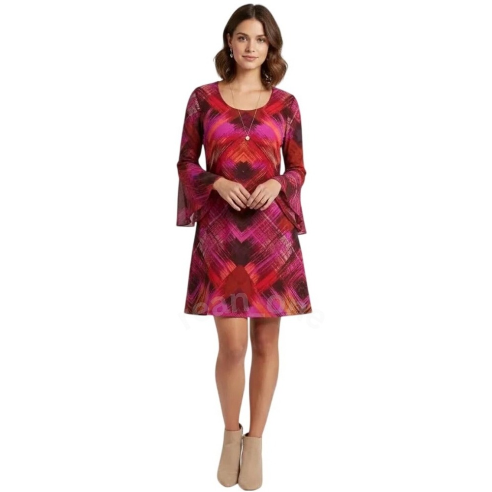 MSK Women's Pink Red Orange Print Sheer Bell Sleeve Cocktail Dress Size Medium - Picture 1 of 11